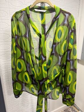 Zara Lime Green Geometric Tie-Front Blouse